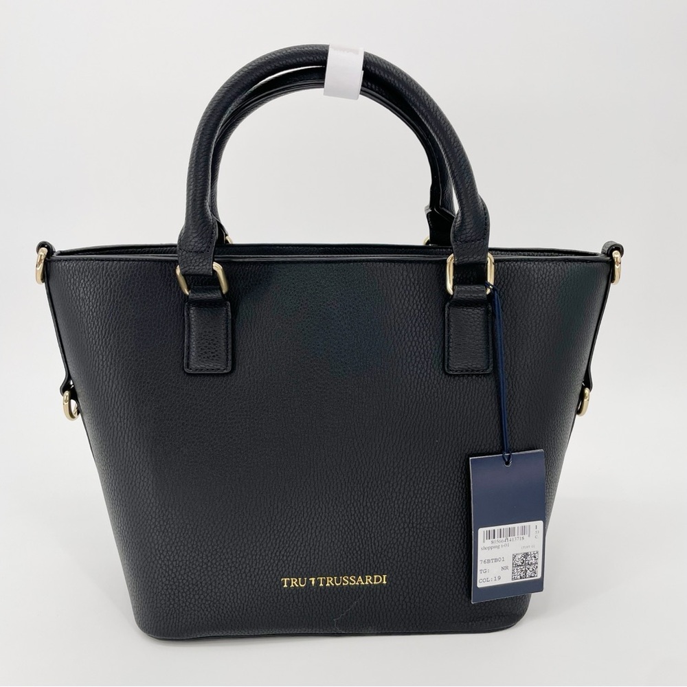 Trussardi Black Pebbled Leather Top-Handle Tote with Gold Hardware